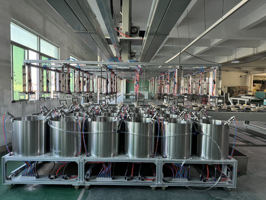 Línea de recubrimiento de espín totalmente automatizada para interiores de productos de celulosa moldeada. Para un recubrimiento eficiente resistente al agua / aceite en contenedores y bandejas de alimentos.