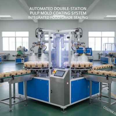 Sistema automatizado de recubrimiento de moldes de pulpa de doble estación para sellado integrado de grado alimenticio de envases de pulpa de caña de azúcar y paja
