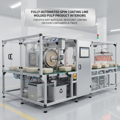 Línea de recubrimiento de espín totalmente automatizada para interiores de productos de celulosa moldeada. Para un recubrimiento eficiente resistente al agua / aceite en contenedores y bandejas de alimentos.