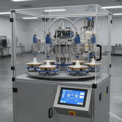 Sistema de recubrimiento giratorio de precisión de 6 posiciones para envases alimentarios de celulosa moldeada - Control uniforme del grosor de la película