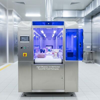 Túnel de esterilización UV de alta eficiencia UV-C (253.7 nm) para envases de alimentos. Eliminación del 99,9% de patógenos