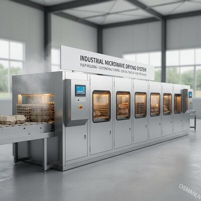 Máquina de secado por microondas industrial para moldeo de celulosa - Sistema de túnel personalizable para bandejas de huevos y envases de alimentos